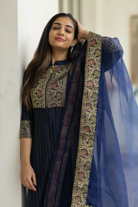 Cobalt Blue Cotton Straight Kurta Pants & Dupatta With Printed Border