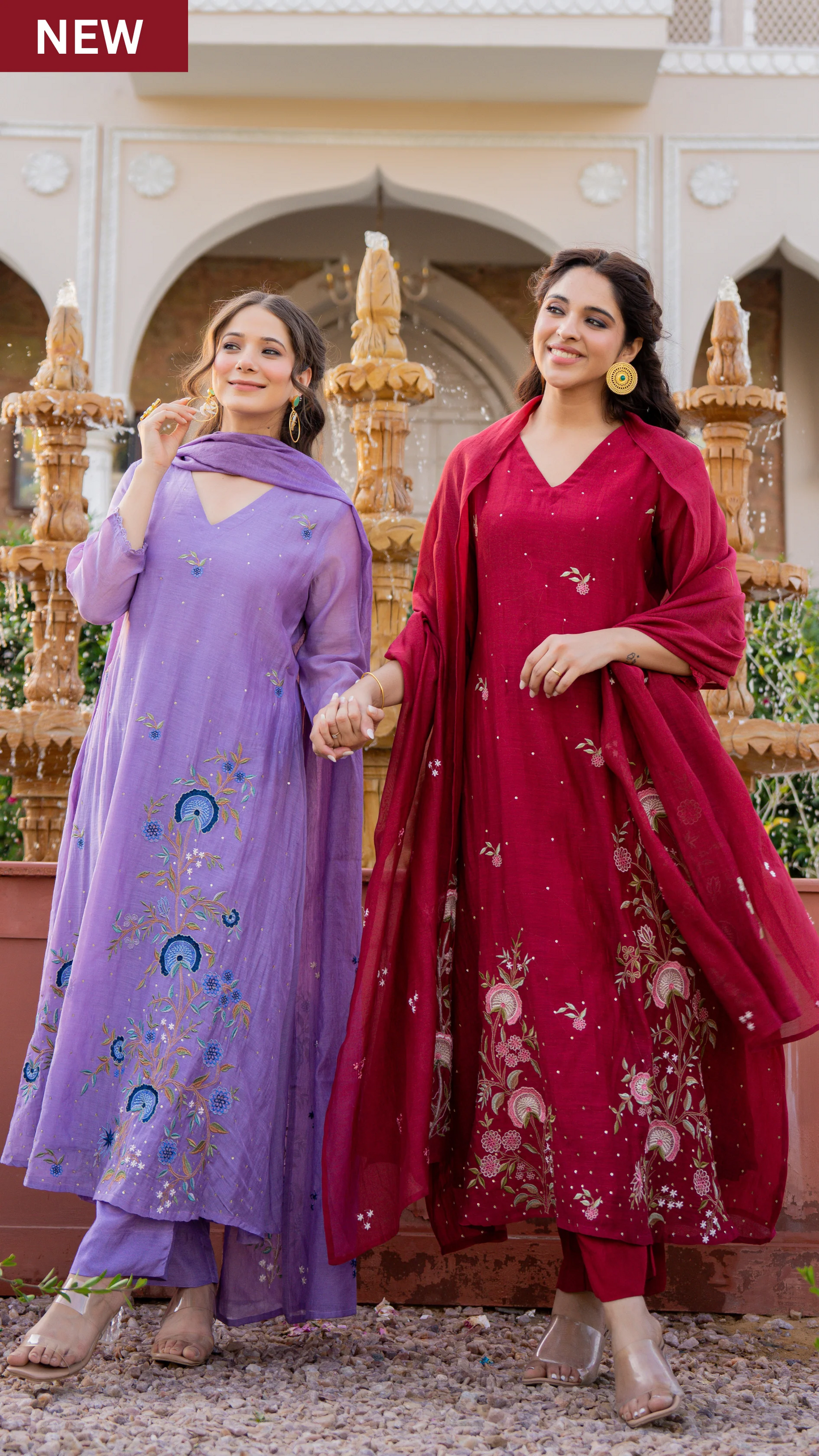 Crimson Mul Chanderi Thread Embroidered Anarkali Suit Set