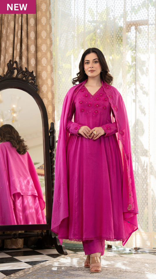 Pink Crushed Cotton Flared Kurta Suit With 3D Embroidery