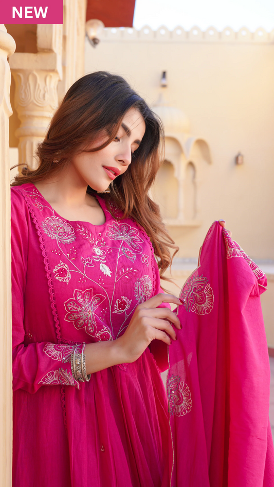 Fuchsia Pink Cotton Embroidered Kurta Suit