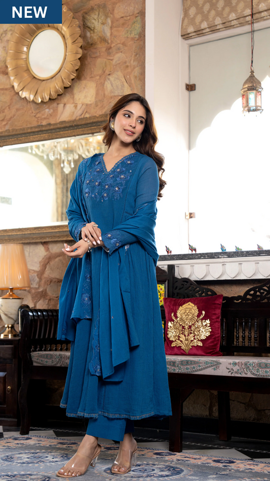 Blue Crushed Cotton Flared Kurta Suit With 3D Embroidery