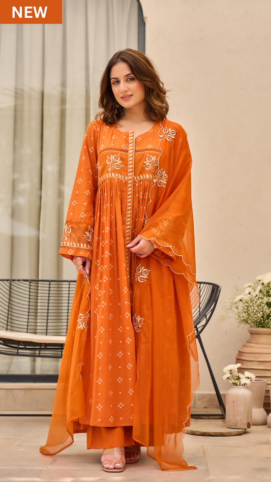 Rose Cotton  Printed & Embroidered Kurta Pant With Organza Dupatta