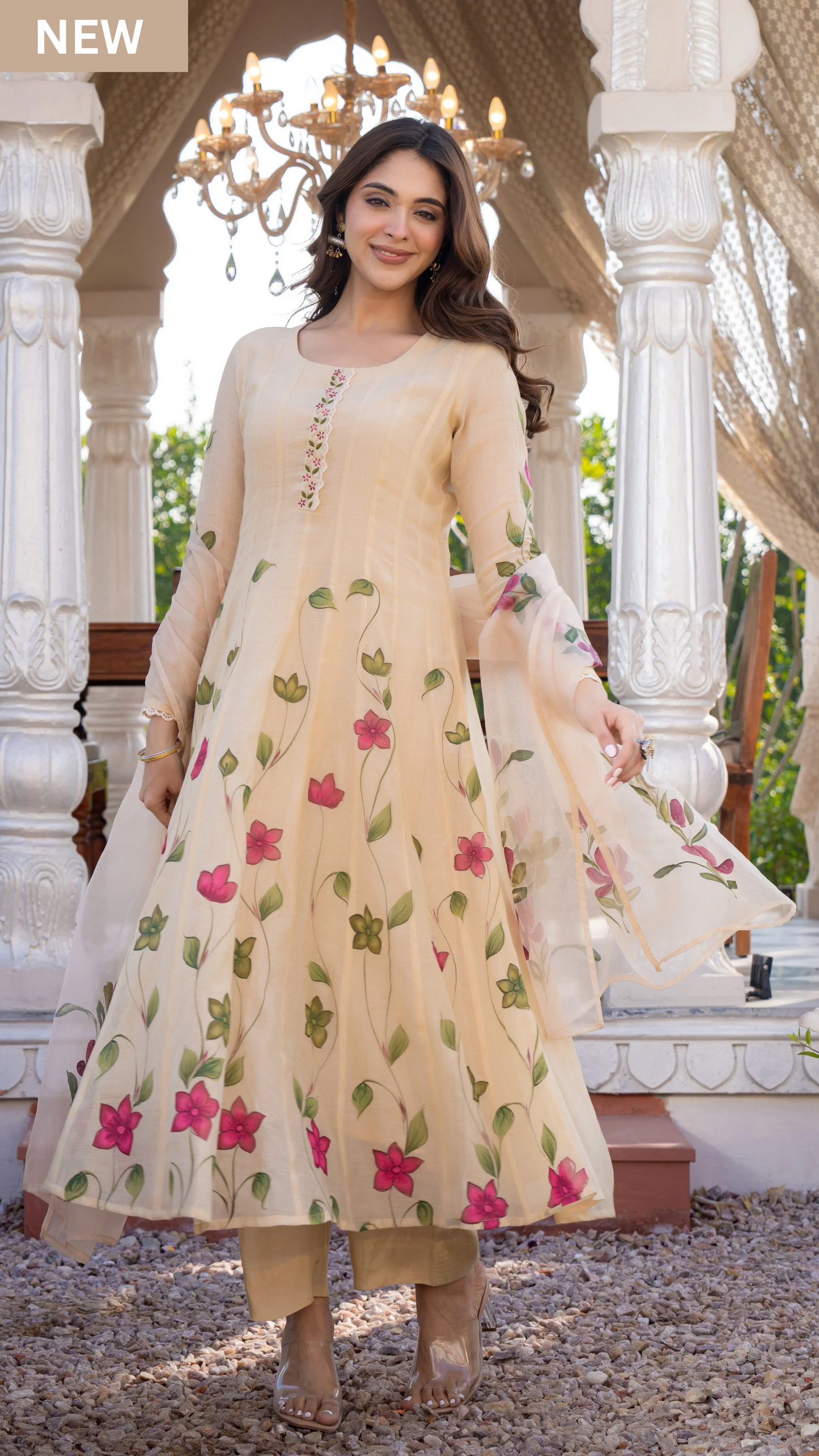 Beige Blossom Mul Chanderi Hand Burst Printed  Suit
