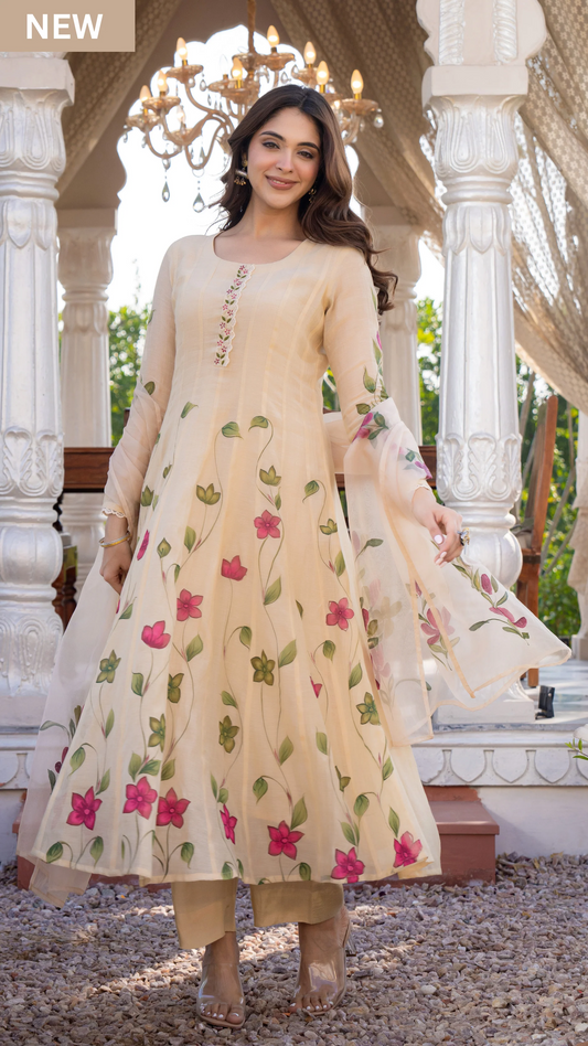 Beige Blossom Mul Chanderi Hand Burst Printed  Suit