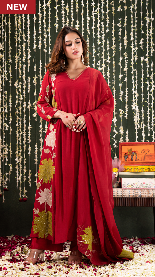 Ruby Crush Chanderi Embroidered Applique Work Suit Set