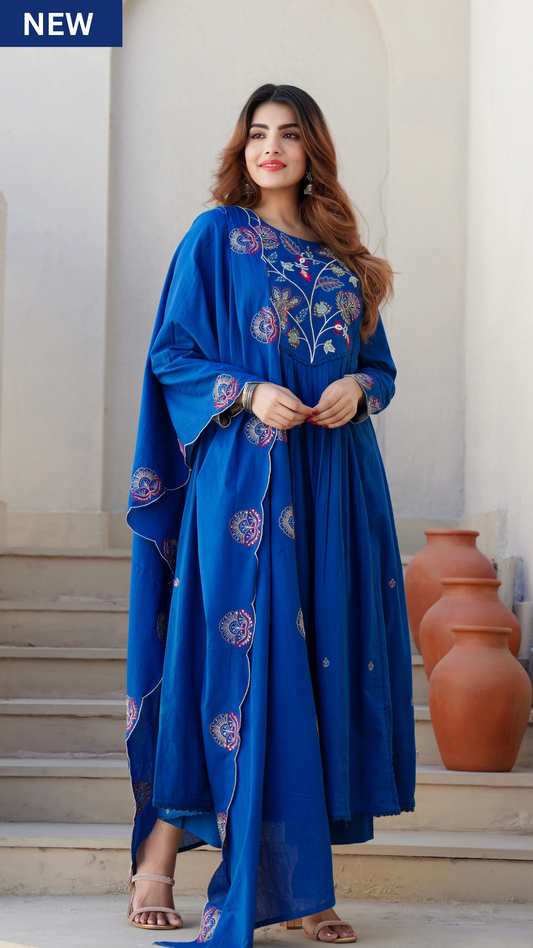 Azure Blue Cotton Embroidered Kurta Suit