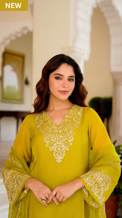 Lime Green Zardosi & Sequeins Work Glass Organza Suit Set