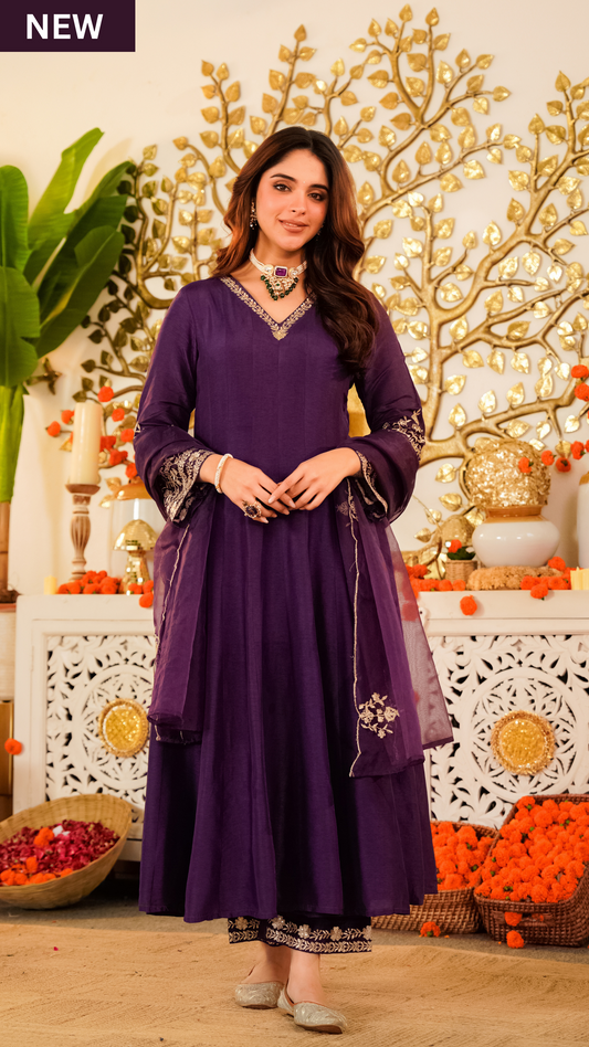 Amethyst Russian Silk  Embroidered Suit Set