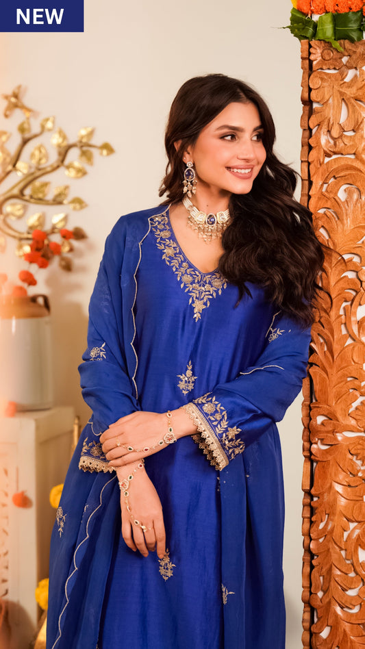 Sapphire Blue Pure Russian Silk Suit Set