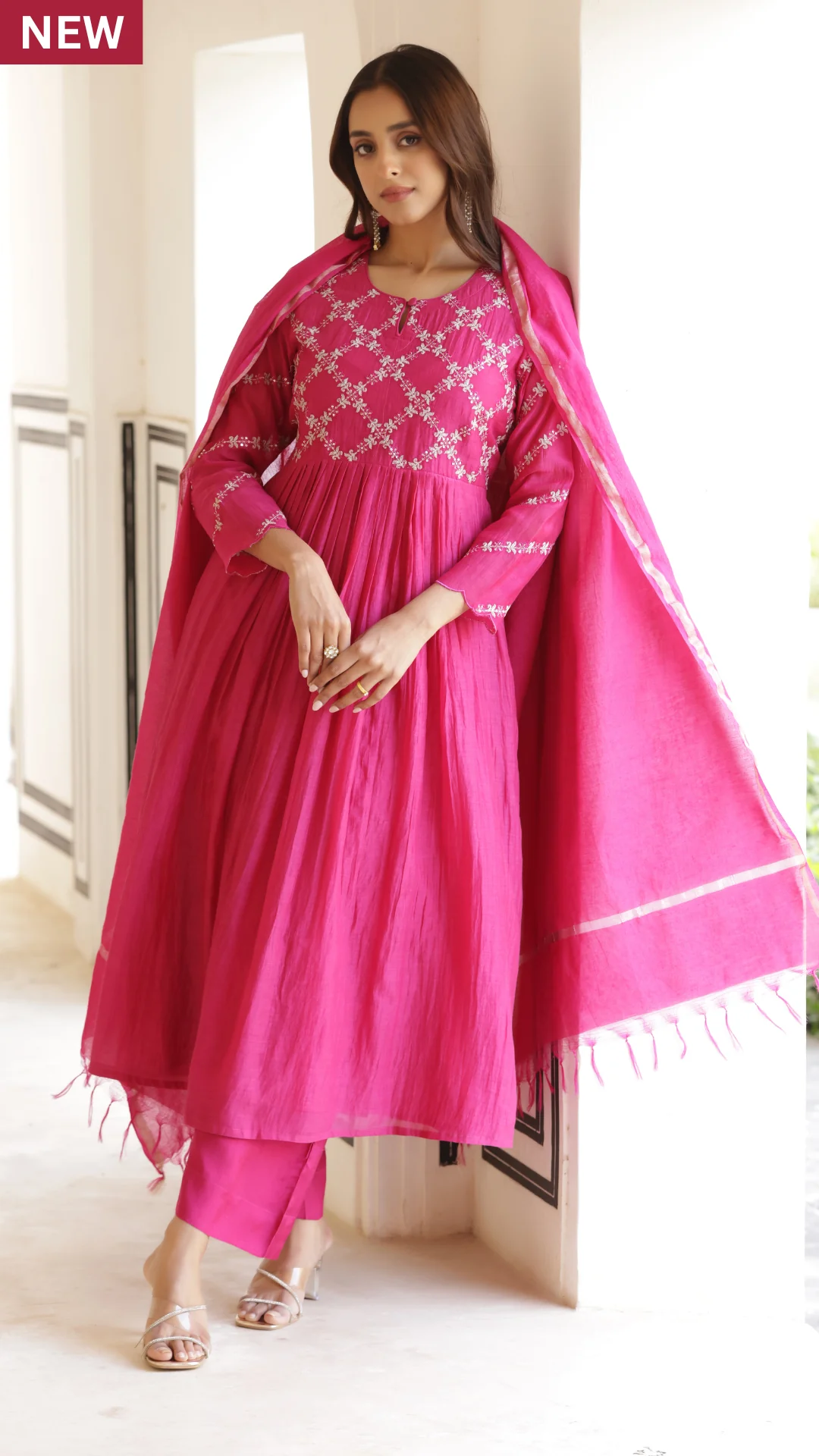 Fuchsia Pink Mal Chanderi Suit Set