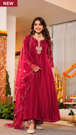 Crimson Embroidered Silk Suit Set