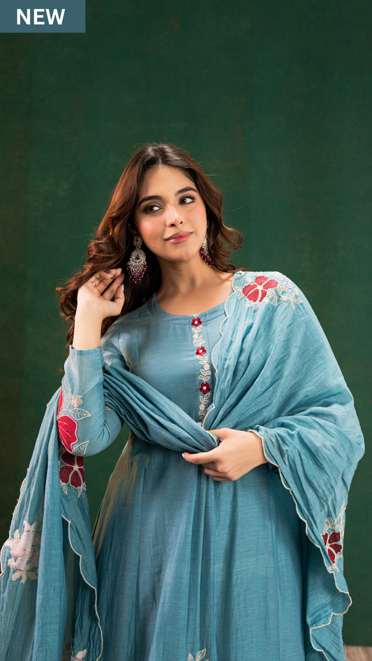 Aqua Floral Mul Chanderi Suit Set
