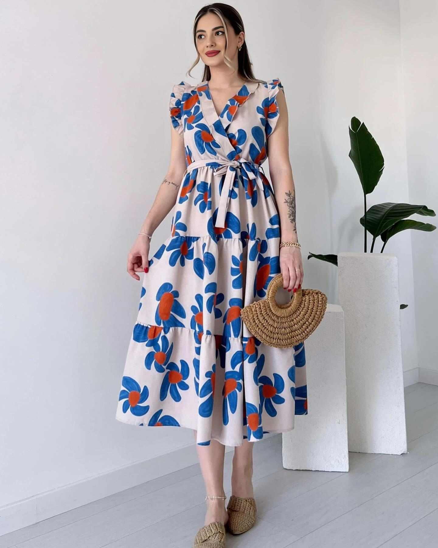 Cotton Floral Printed Casual Belted Maxi Dress