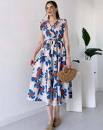 Cotton Floral Printed Casual Belted Maxi Dress