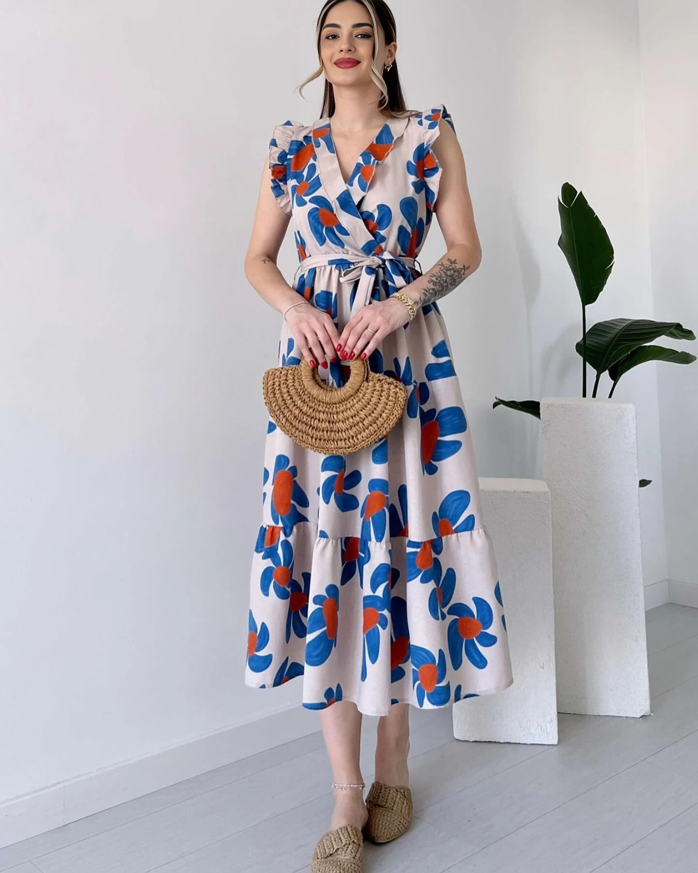 Cotton Floral Printed Casual Belted Maxi Dress