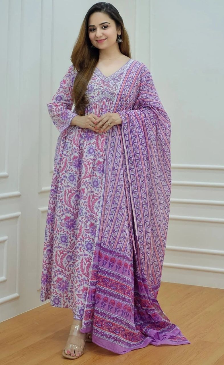 Floral Cotton Printed Nyra Cut Kurta Pant & Dupatta