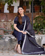 Black Handloom A Line Kurti With Plazzo & Linen Dupatta
