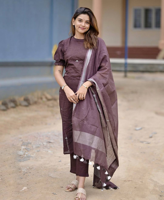 Brown Handloom A Line Kurti With Plazzo & Linen Dupatta