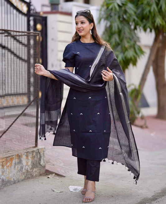 Black Handloom A Line Kurti With Plazzo & Linen Dupatta