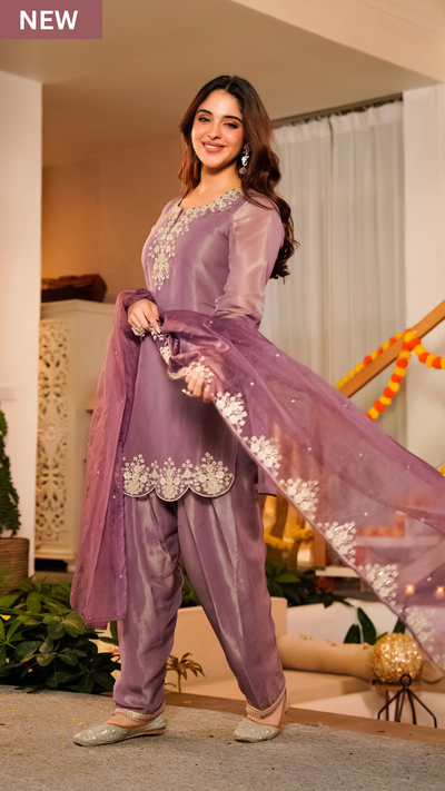 Lavender Tissue Silk A-Line Short Kurta Suit Set