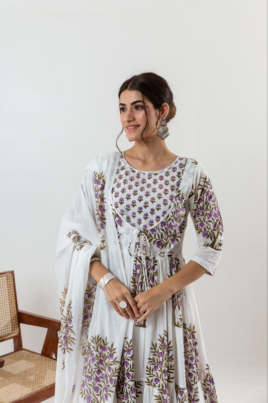 Lavender Anar Printed Gathered Kurta With With Tie Up Details With Palazzo