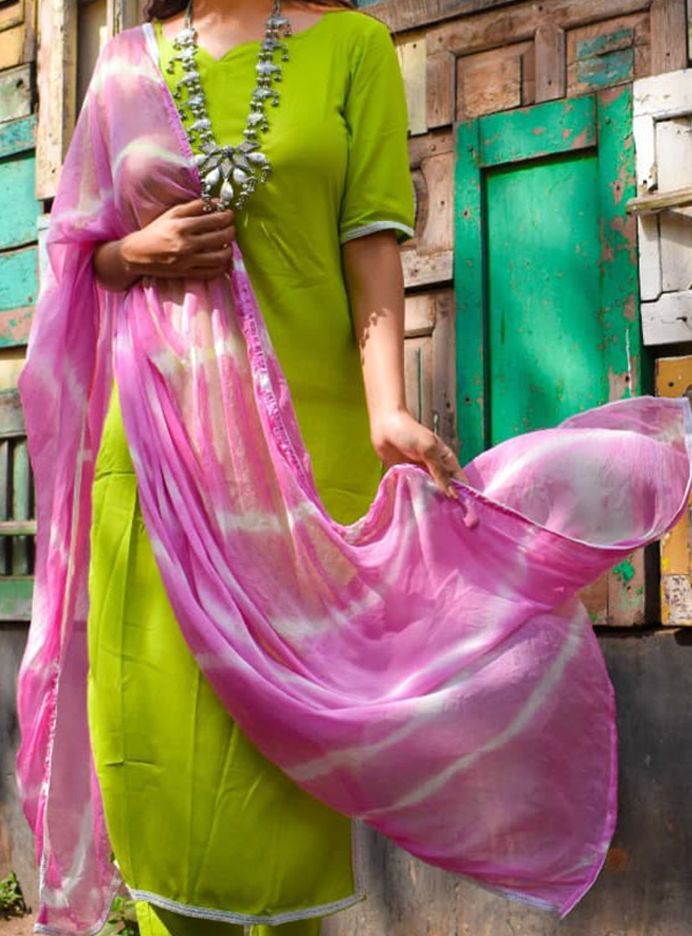 Lime Green Leheriya Kurta Suit Set