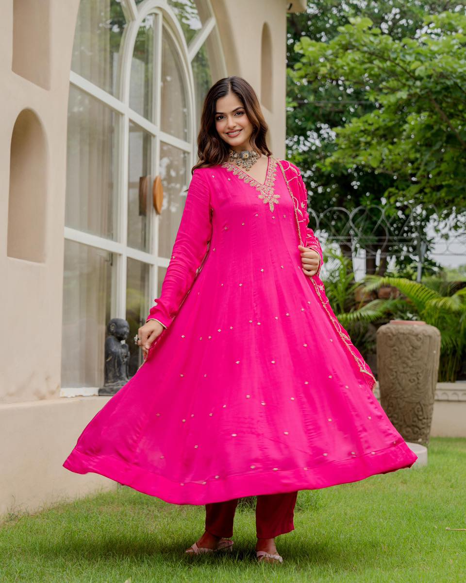 Pink Chiffon Embroidered Anarkali Suit Set