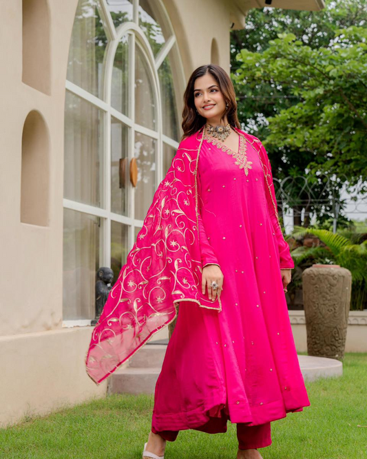 Pink Chiffon Embroidered Anarkali Suit Set