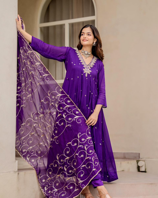 Purple Chiffon Embroidered Anarkali Suit Set