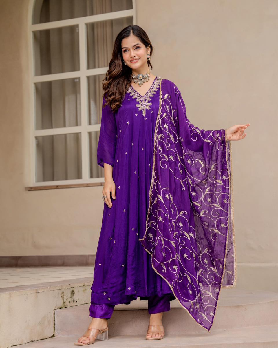 Purple Chiffon Embroidered Anarkali Suit Set