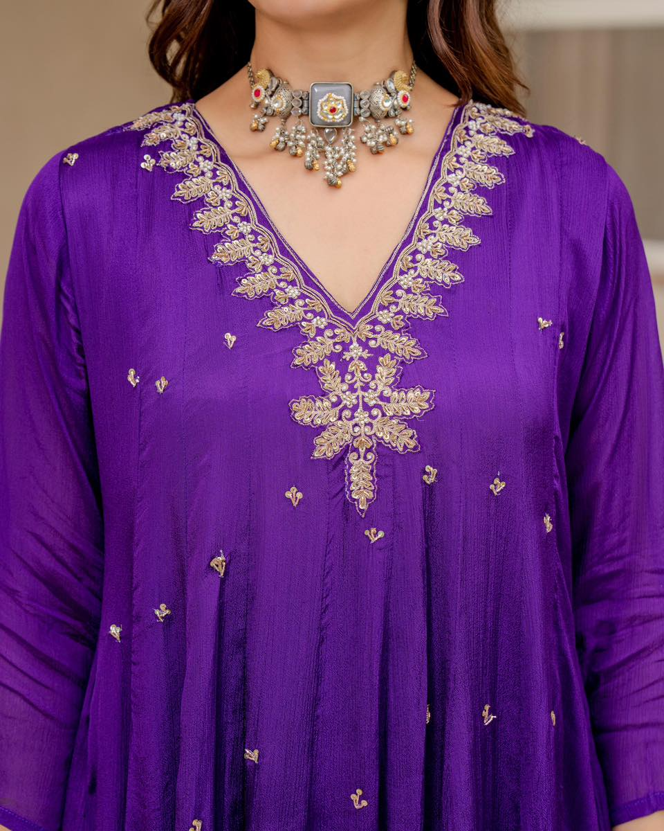 Purple Chiffon Embroidered Anarkali Suit Set