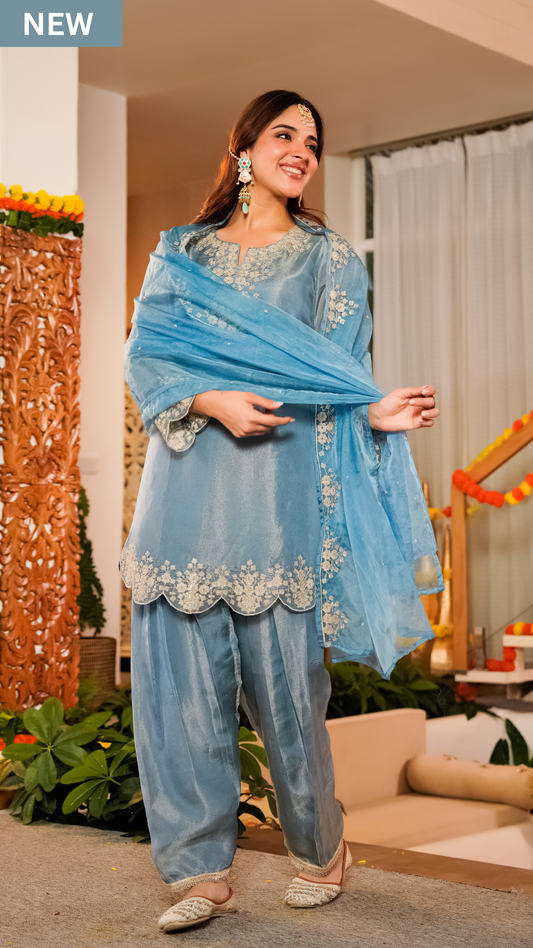Mist Tissue Silk Hand Adda Embroidered A-Line Kurta Suit Set