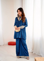 Peacock Blue Chinon Sequence Embroidered Kurta Plazzo Set