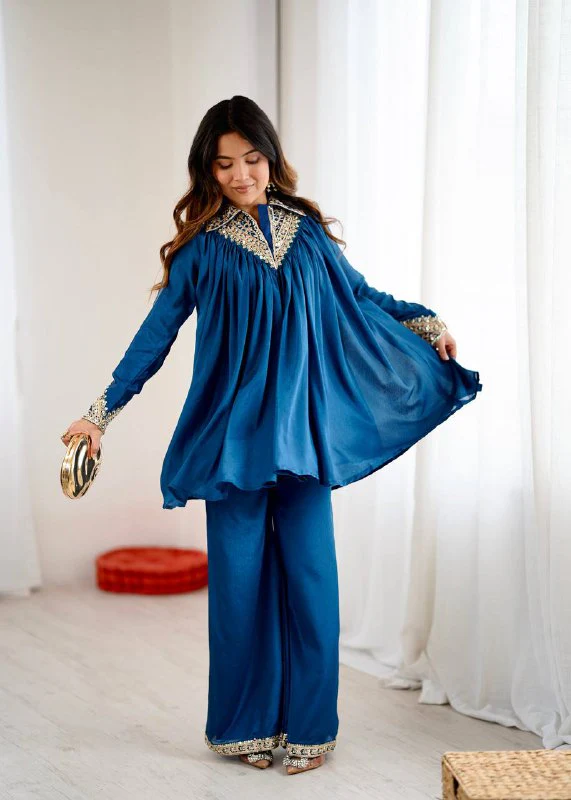 Peacock Blue Chinon Sequence Embroidered Kurta Plazzo Set