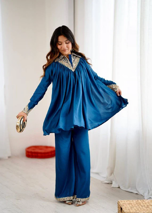 Peacock Blue Chinon Sequence Embroidered Kurta Plazzo Set
