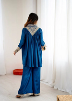 Peacock Blue Chinon Sequence Embroidered Kurta Plazzo Set