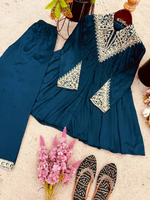 Peacock Blue Chinon Sequence Embroidered Kurta Plazzo Set
