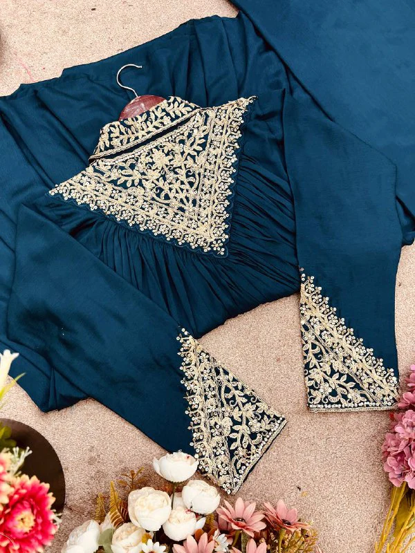 Peacock Blue Chinon Sequence Embroidered Kurta Plazzo Set
