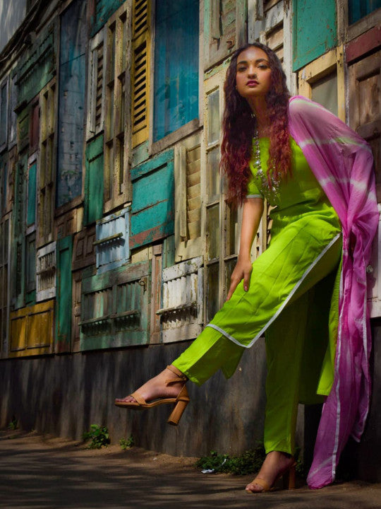 Lime Green Leheriya Kurta Suit Set