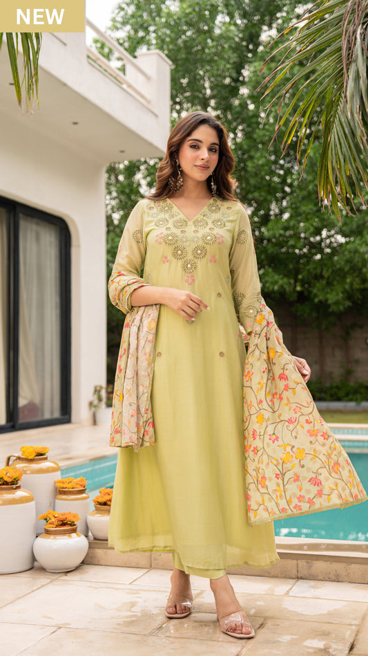 Lime Sun Silk Embroidered Suit Set