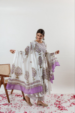 Lavender Anar Printed Gathered Kurta With With Tie Up Details With Palazzo