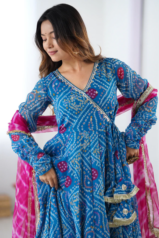 Blue Georgette Bandhani Anarkali Suit