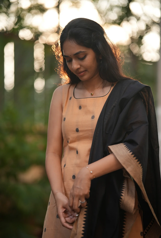 Handloom South Cotton Polka Dot Kurta Palazzo & Dupatta Set