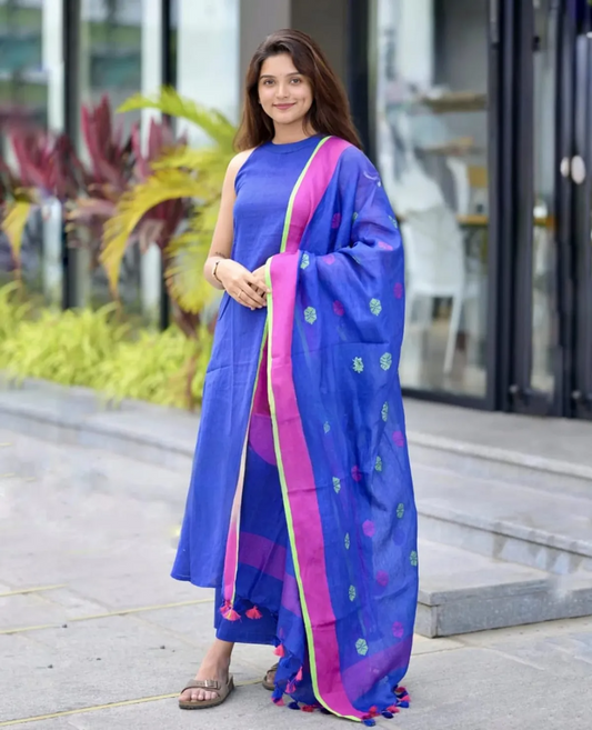 Bea Blue Handloom  A-Line Kurti & Palazzo With Linen Woven Dupatta