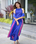 Bea Blue Handloom  A-Line Kurti & Palazzo With Linen Woven Dupatta