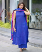 Bea Blue Handloom  A-Line Kurti & Palazzo With Linen Woven Dupatta
