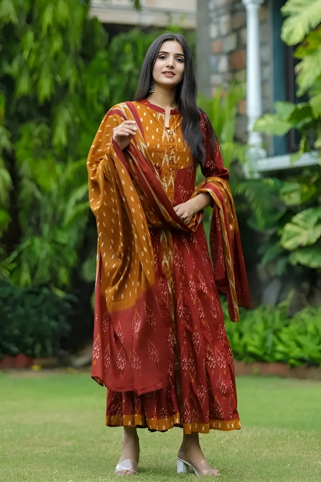 Bandhej Cotton Double Layered Anarkali Suit