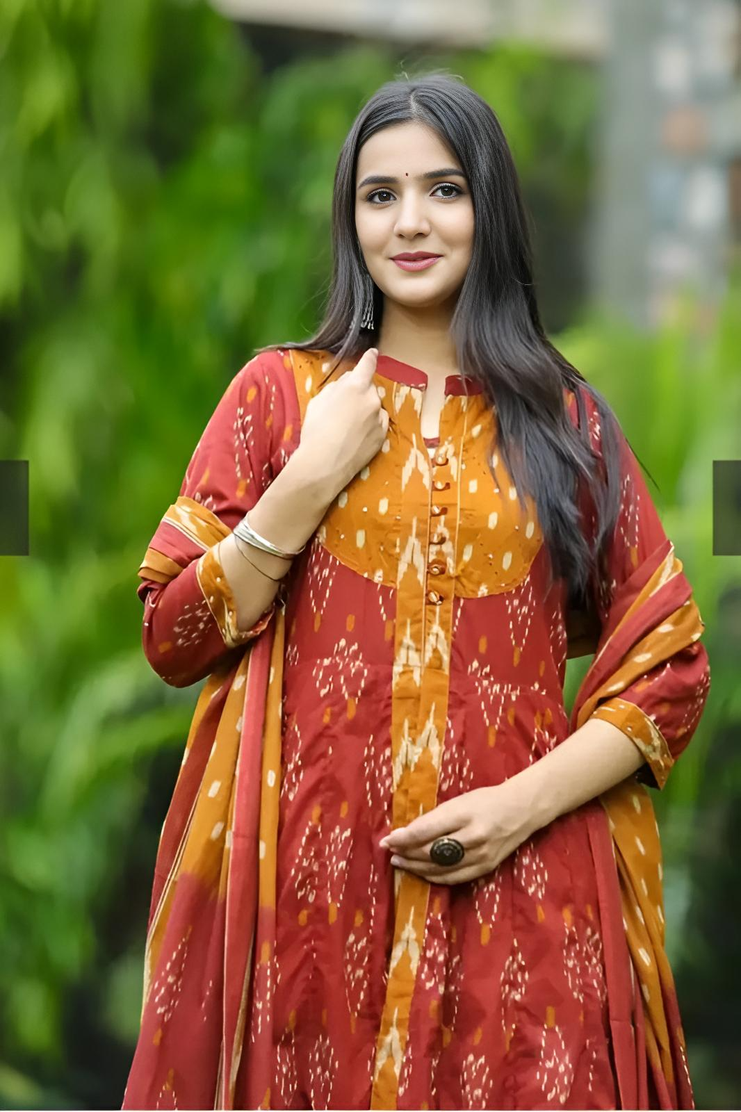Bandhej Cotton Double Layered Anarkali Suit