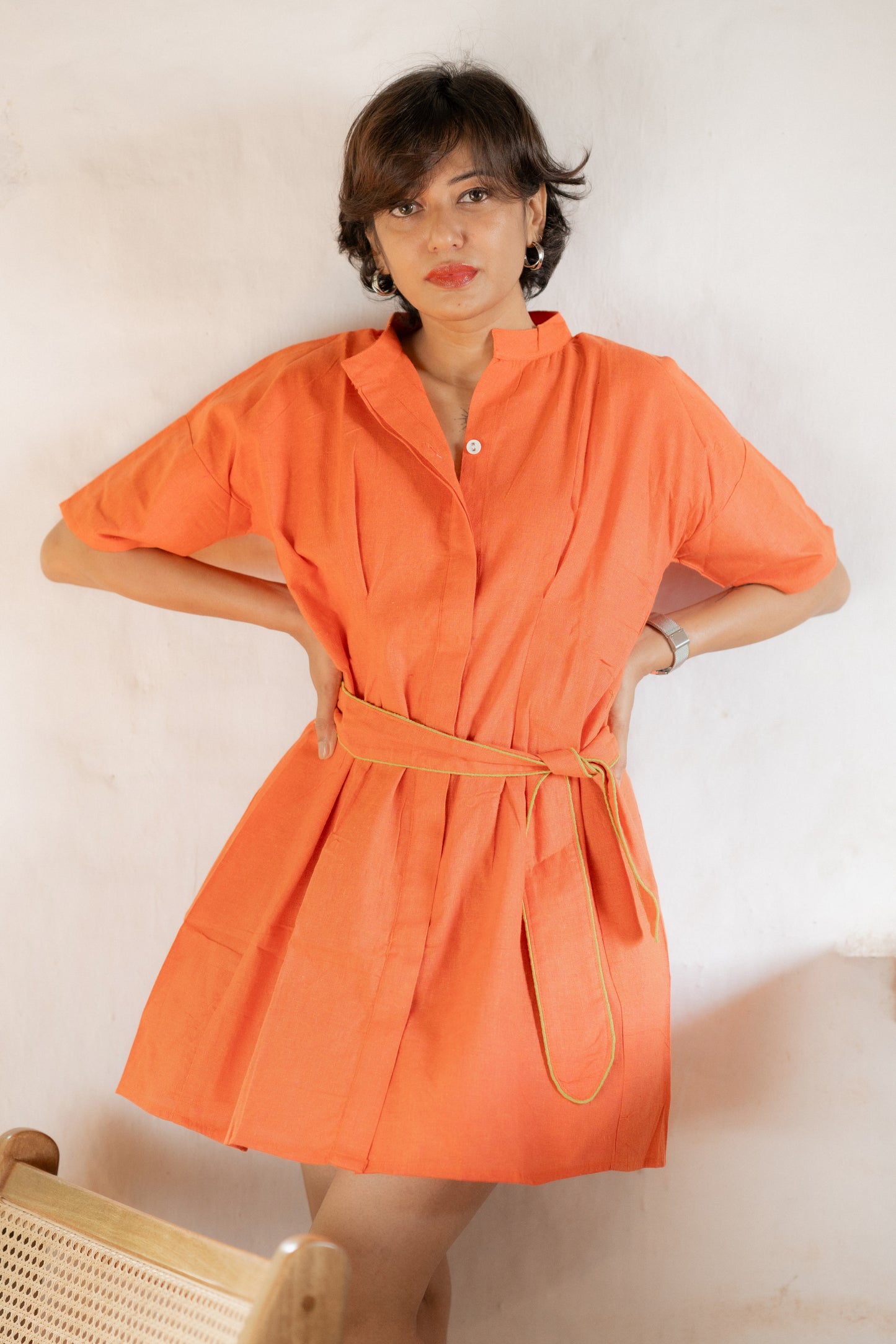 Shirt Tie-Up Belt Mini Dress-Orange Rust