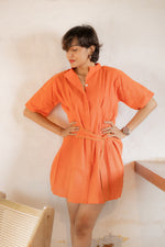 Shirt Tie-Up Belt Mini Dress-Orange Rust